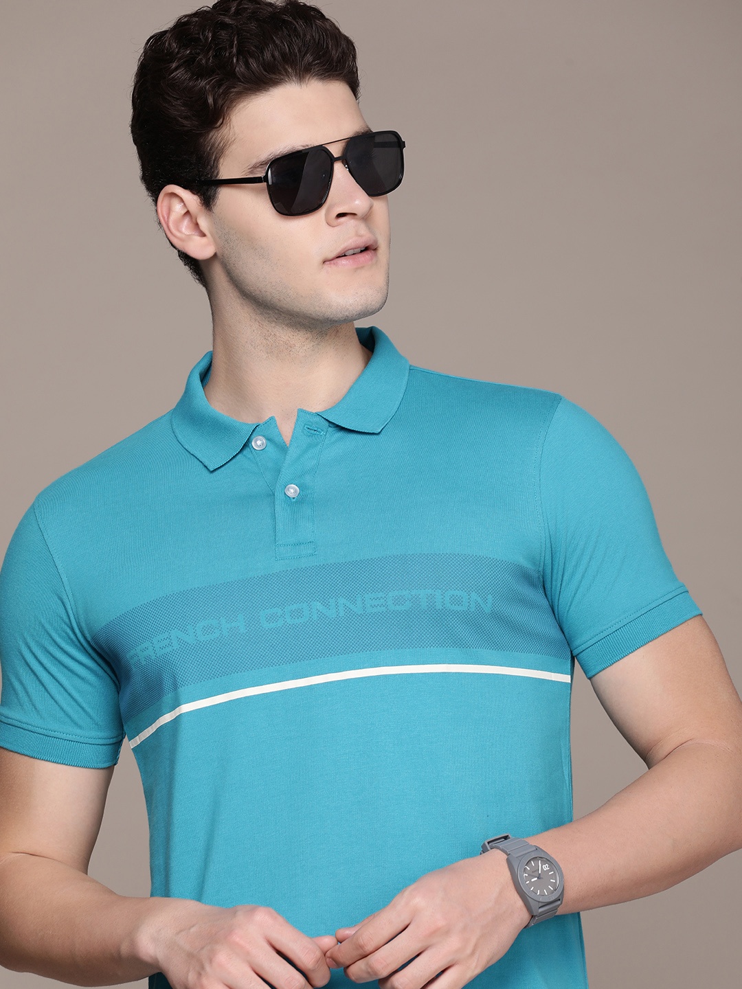 

French Connection Polo Collar Pure Cotton T-shirt, Blue