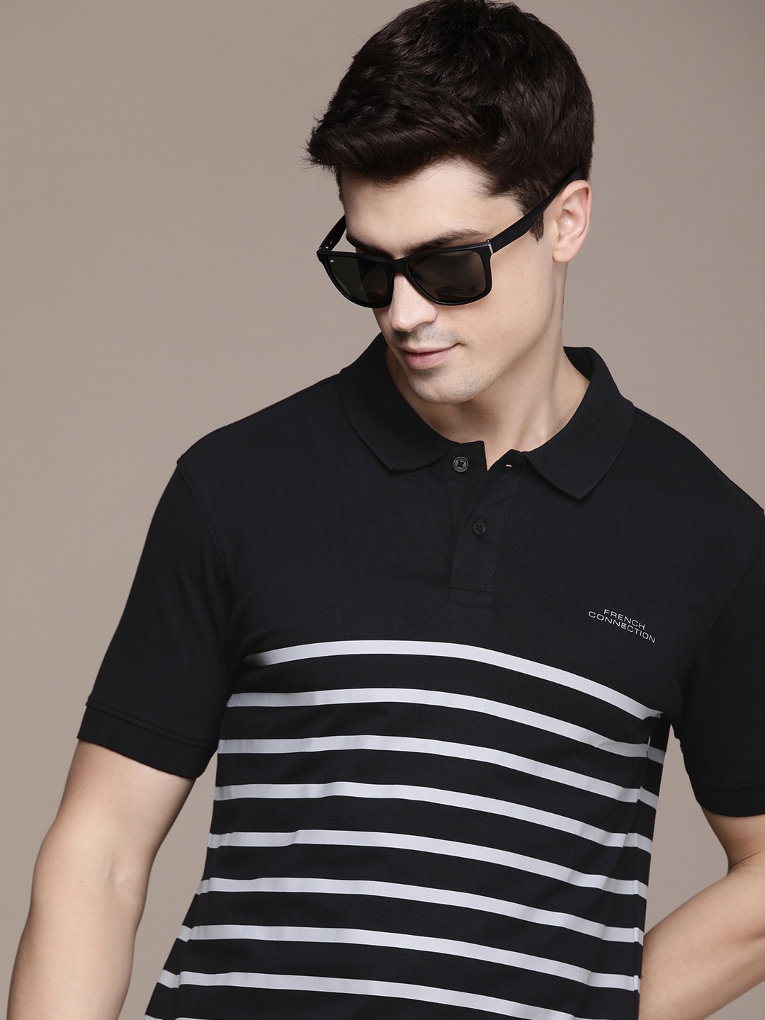 

French Connection Pure Cotton Striped Polo Collar Casual T-shirt, Black