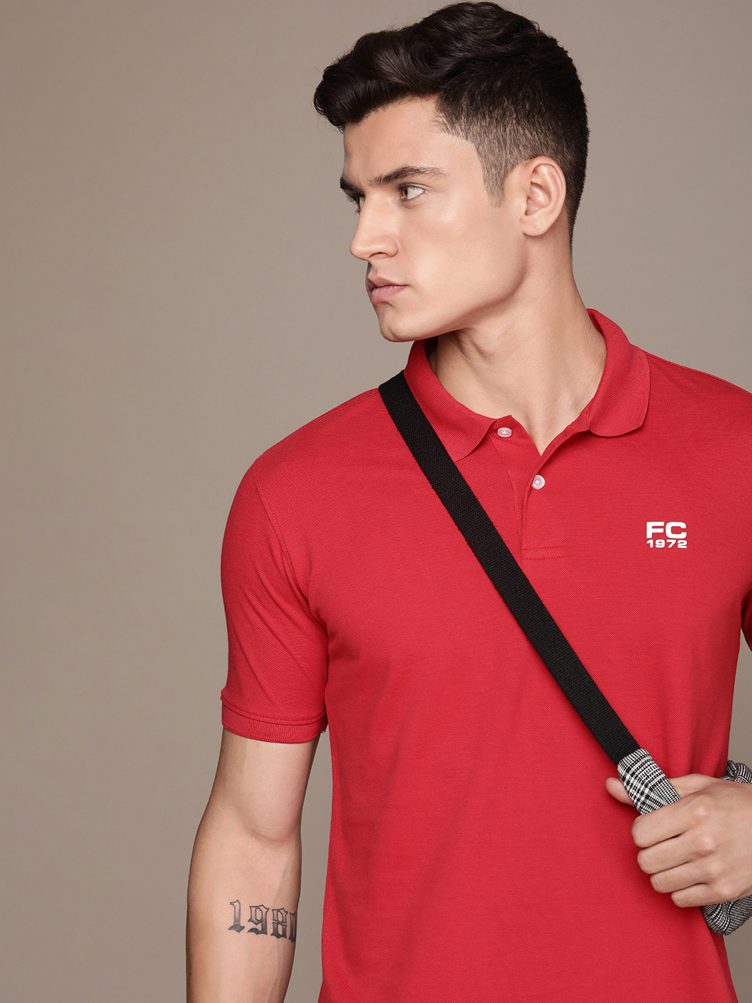 

French Connection Polo Collar Knitted Pure Cotton T-shirt With Minimal Brand Logo Print, Red
