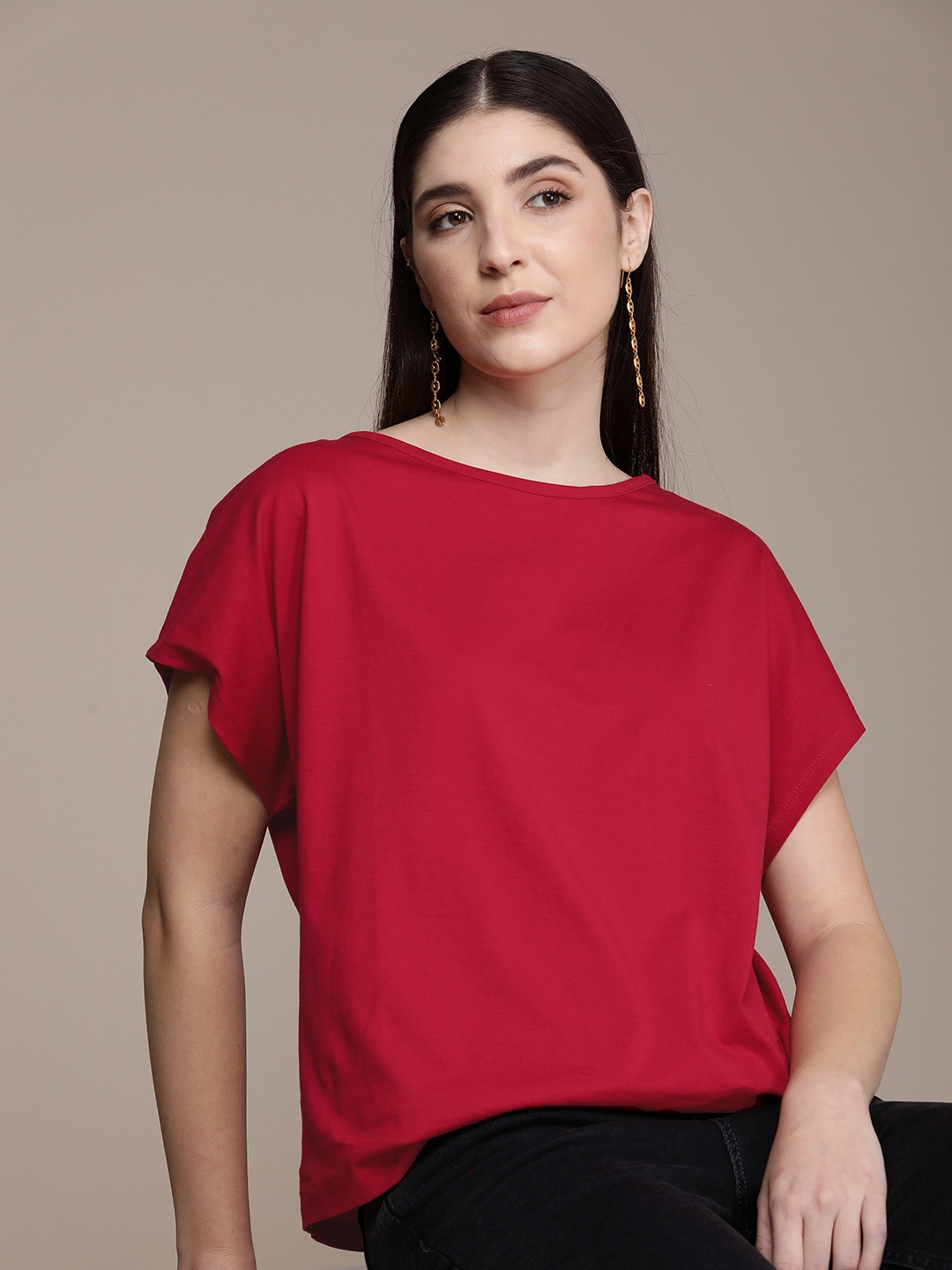 

French Connection Extended Sleeves Pure Cotton T-shirt, Red