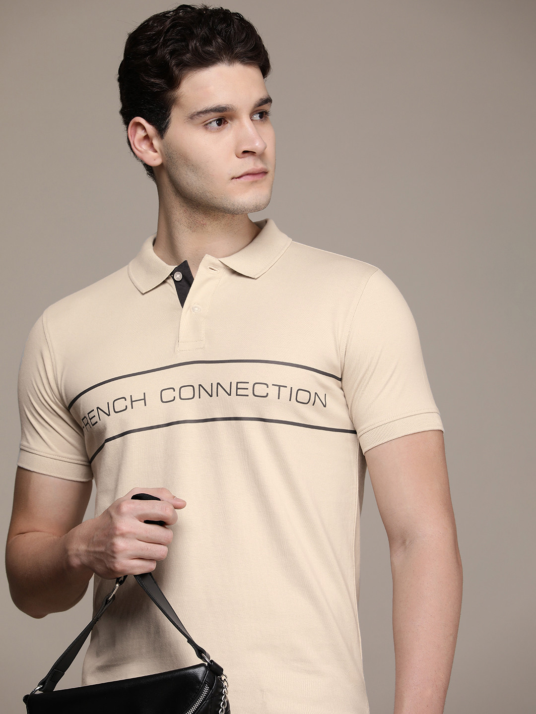 

French Connection Pure Cotton Brand Logo Printed Polo Collar Casual T-shirt, Beige