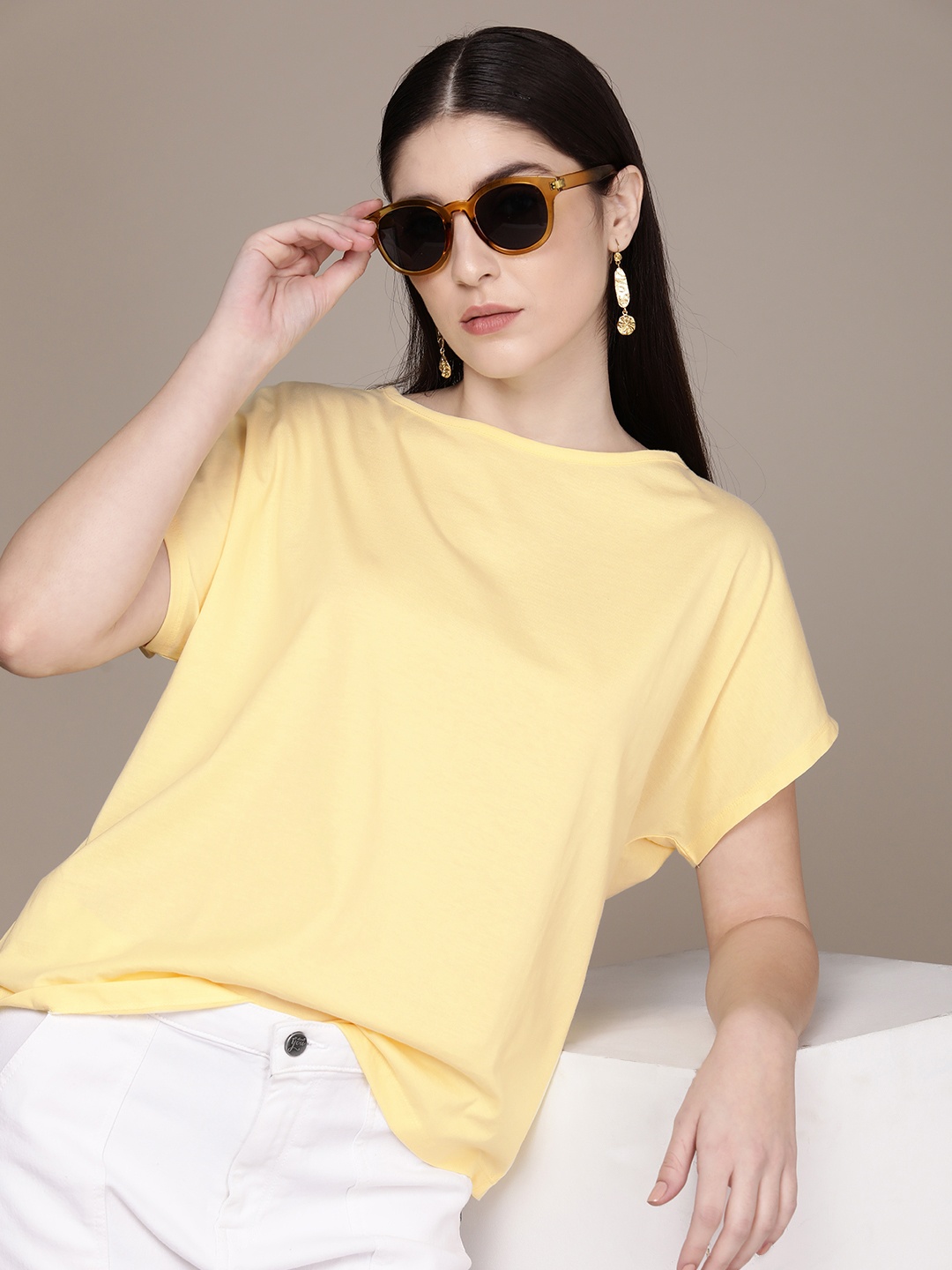 

French Connection Extended Sleeves Pure Cotton T-shirt, Yellow