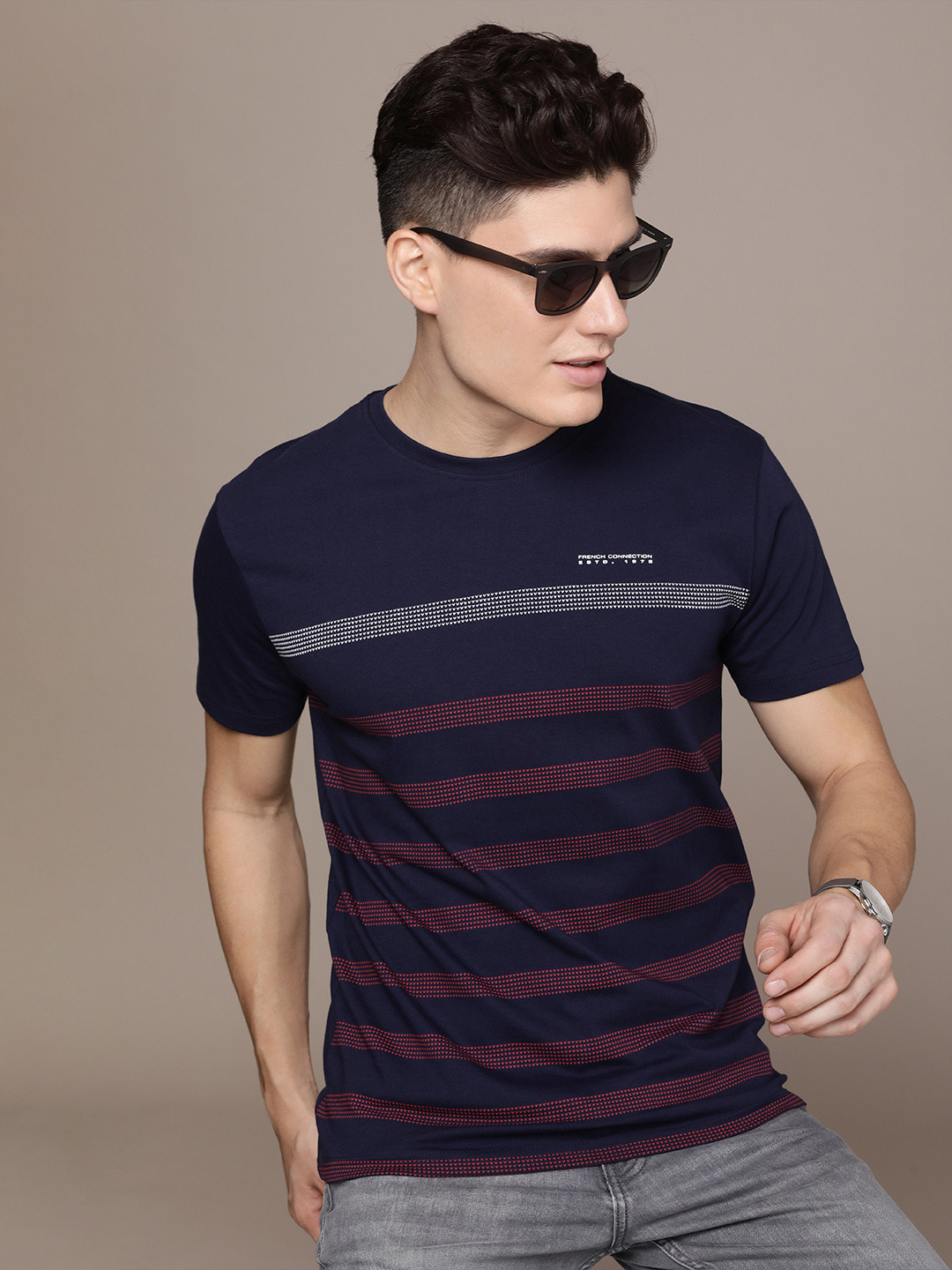 

French Connection Men Pure Cotton Striped Round Neck T-shirt, Navy blue