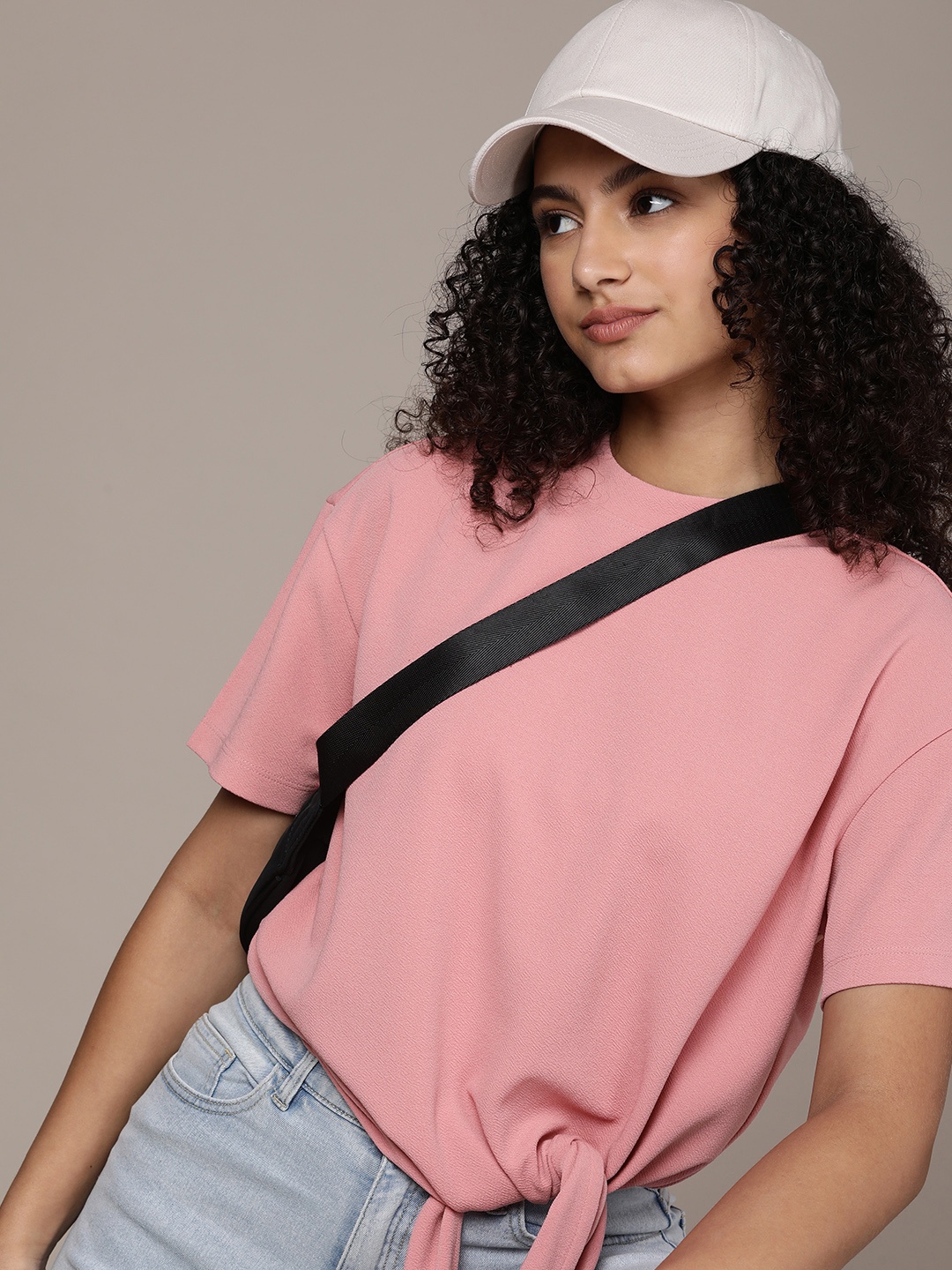 

FCUK Solid Drop Shoulders Round Neck Top With Tie-Up Detail, Pink