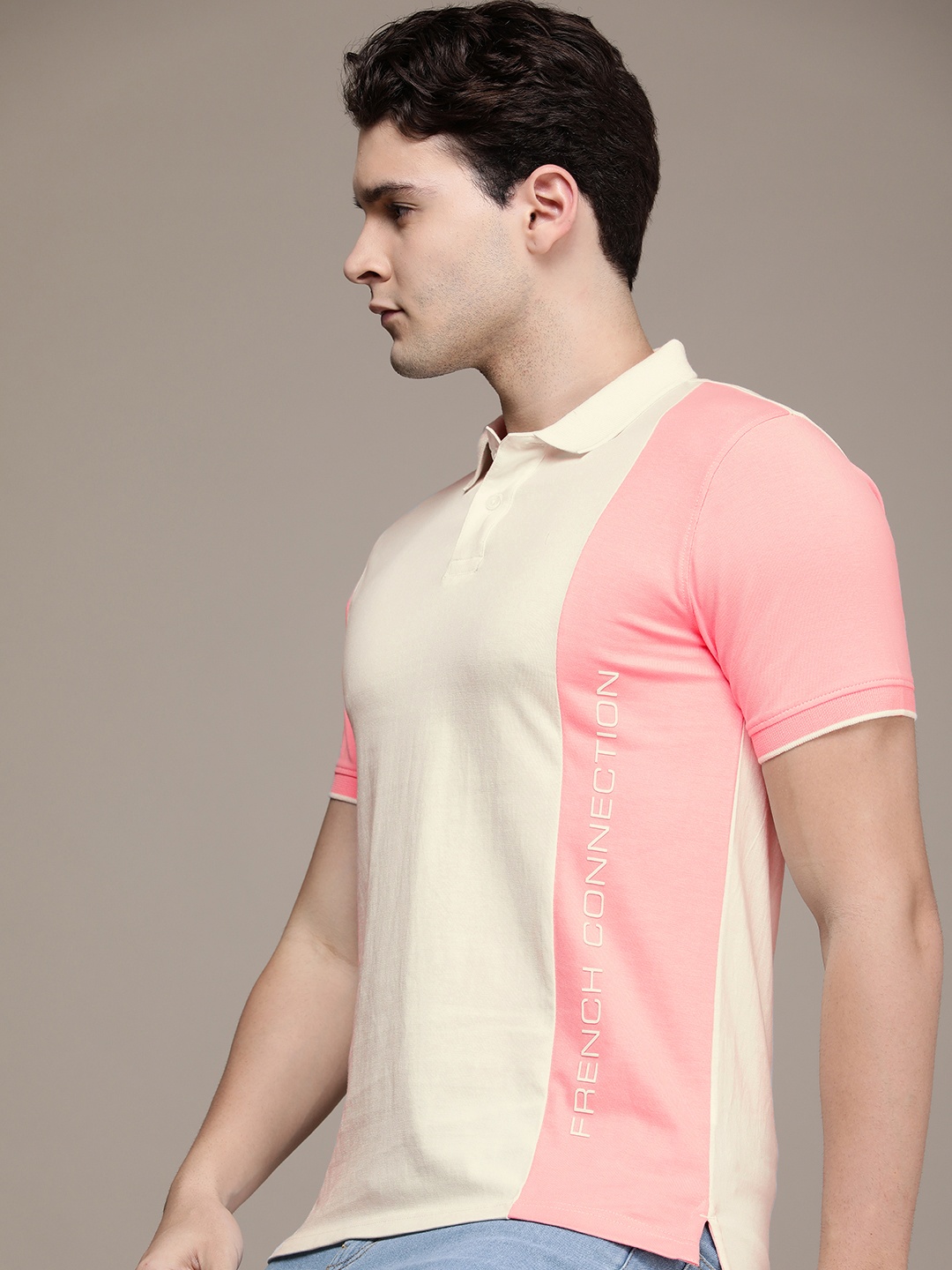 

French Connection Pure Cotton Colourblocked Polo Collar Casual T-shirt, White