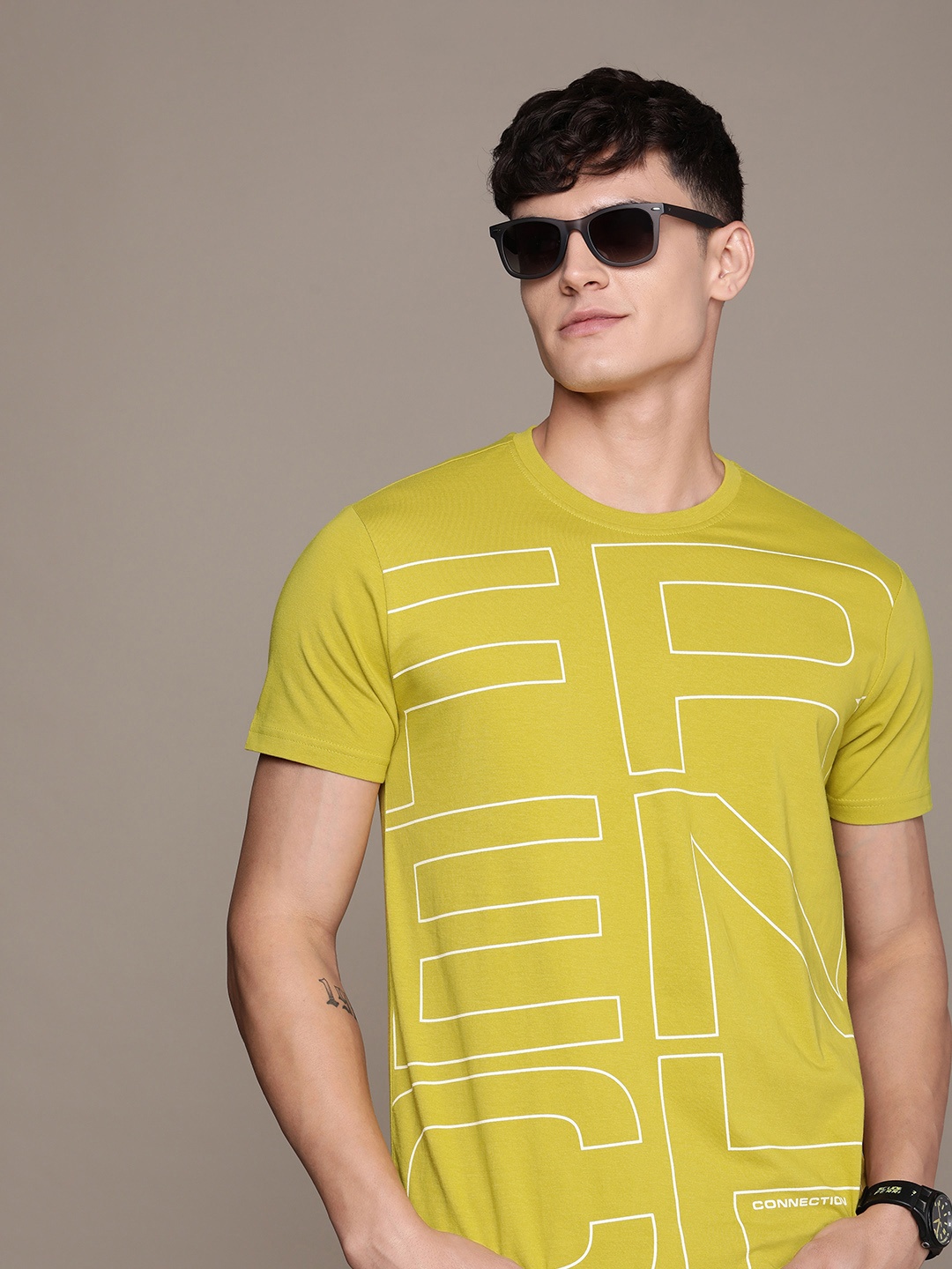

French Connection Typography Printed Pure Cotton T-shirt, Mustard