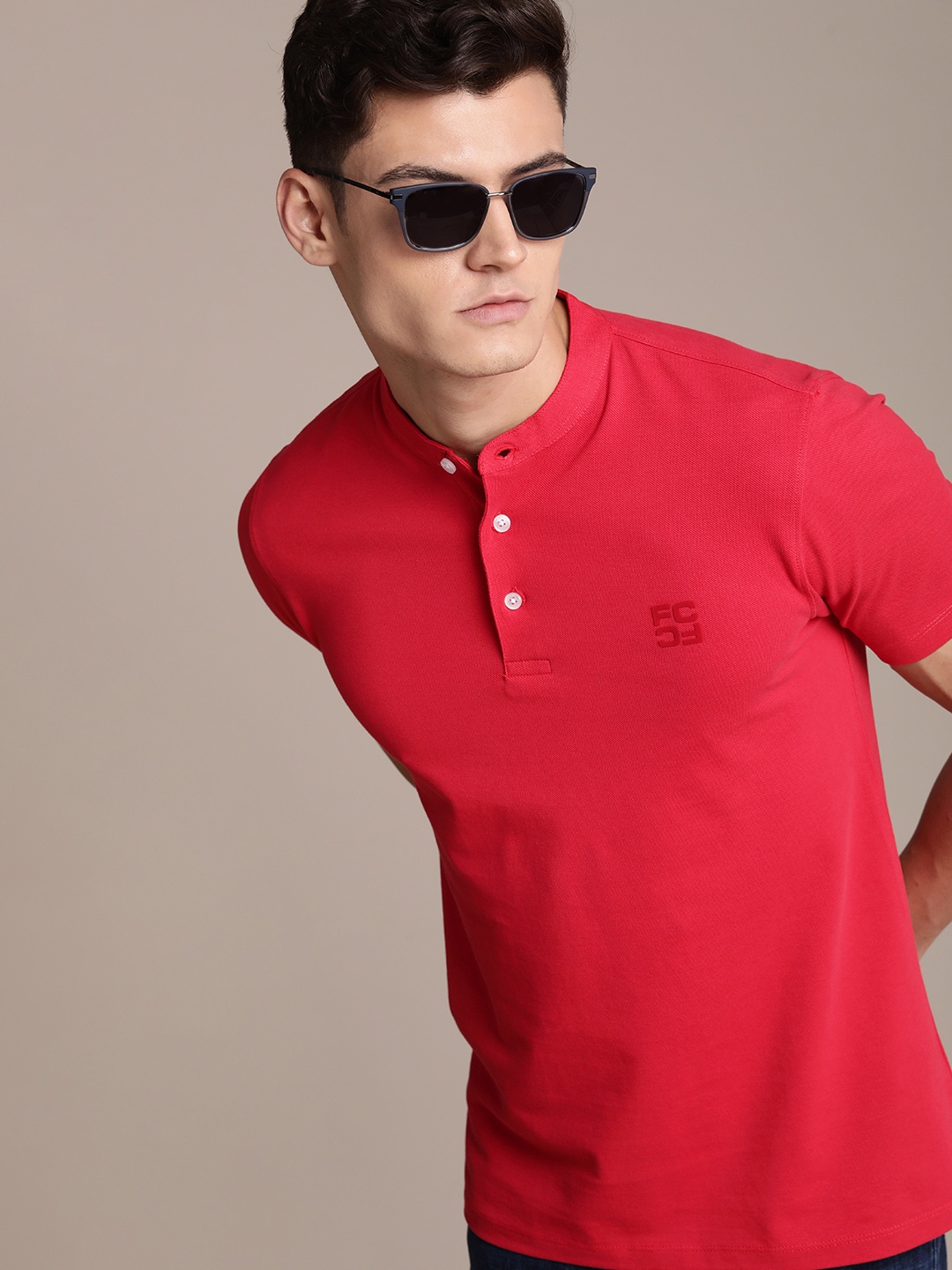 

French Connection Brand Logo Henley Neck Pure Cotton Applique T-shirt, Red