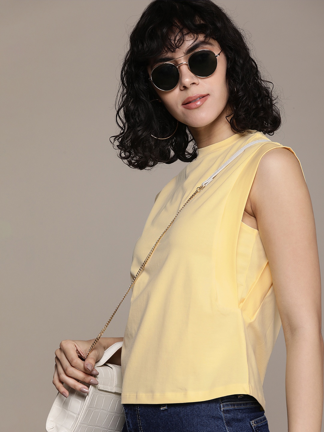 

French Connection Solid Cropped T-shirt, Yellow