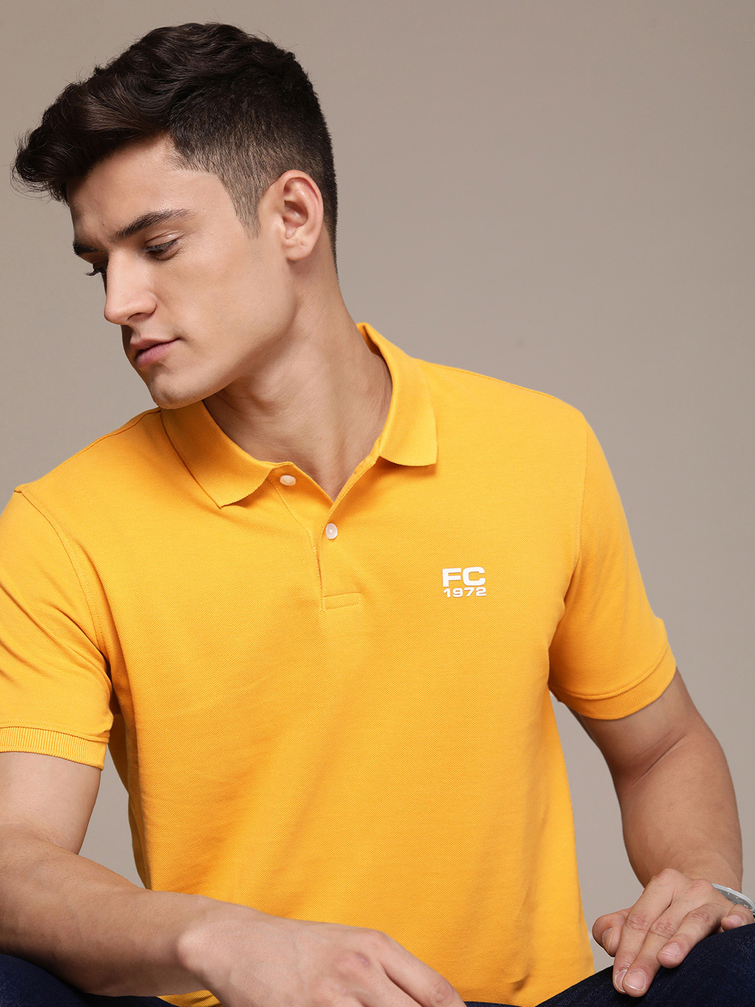 

French Connection Brand Logo Polo Collar Pure Cotton Applique T-shirt, Mustard