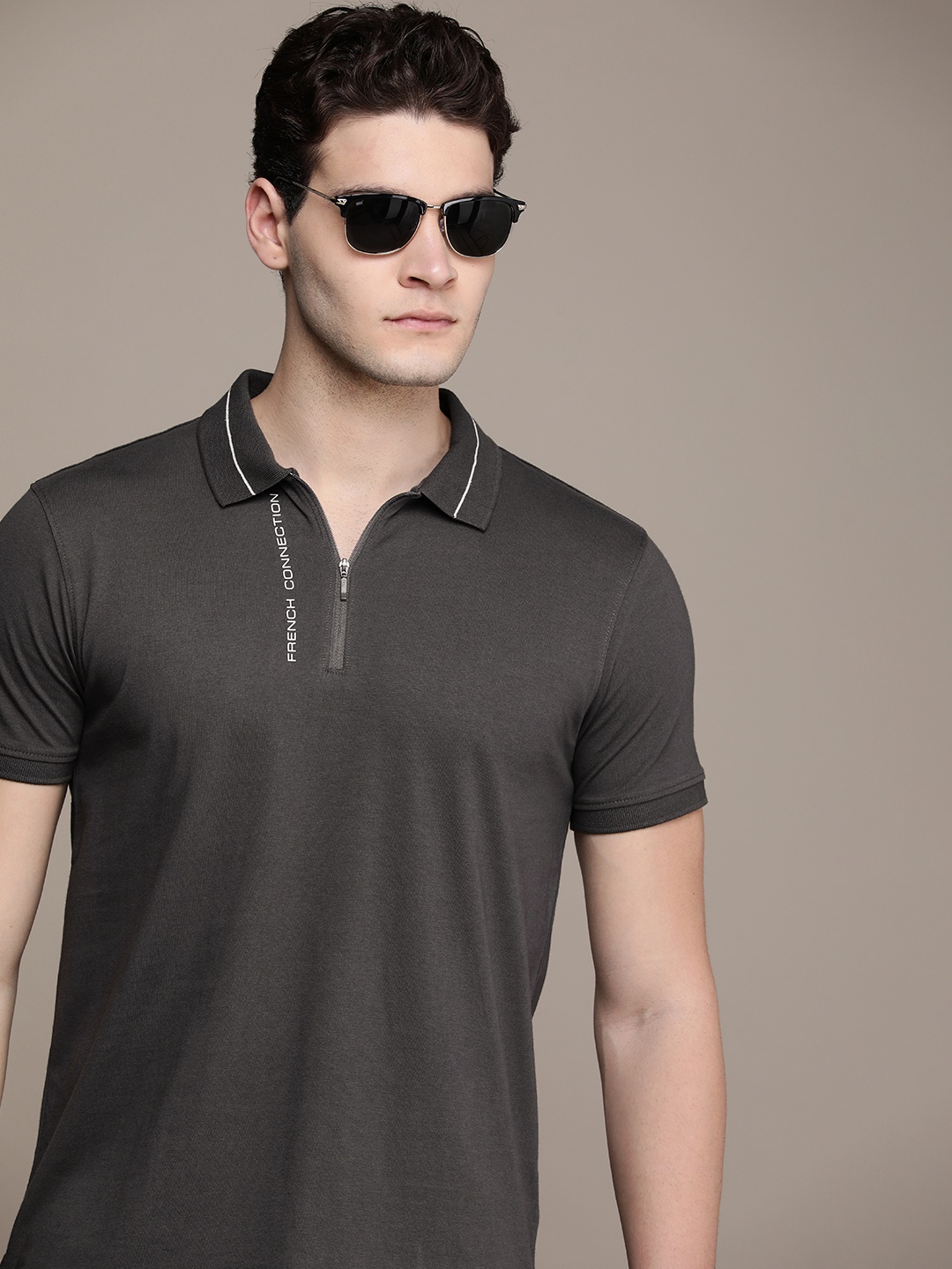 

French Connection Pure Cotton Brand Logo Printed Polo Collar Casual T-shirt, Grey