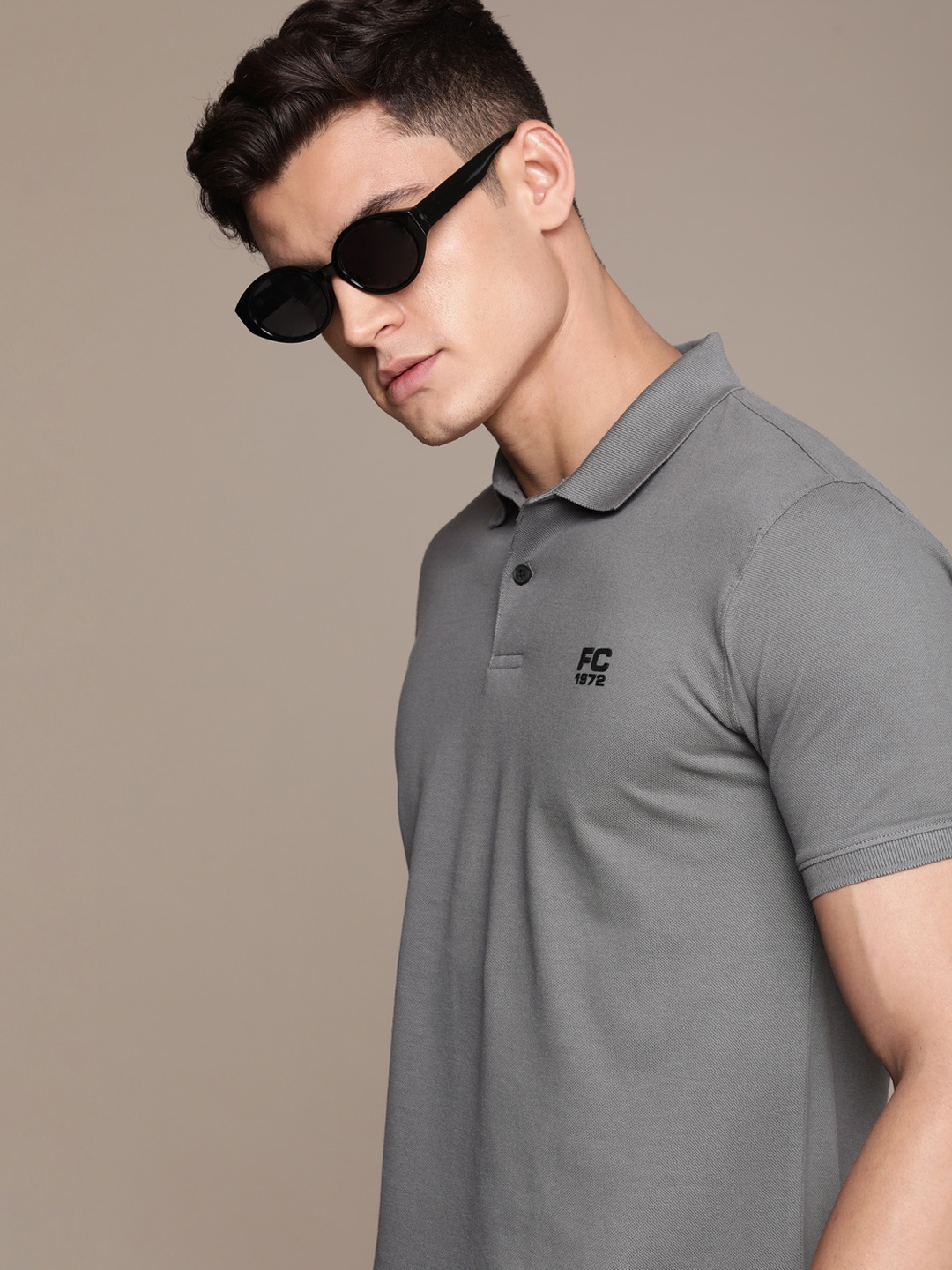 

French Connection Polo Collar Knitted Pure Cotton T-shirt With Minimal Brand Logo Print, Grey