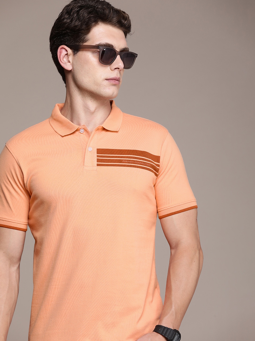

French Connection Men Polo Collar Pure Cotton T-shirt, Peach