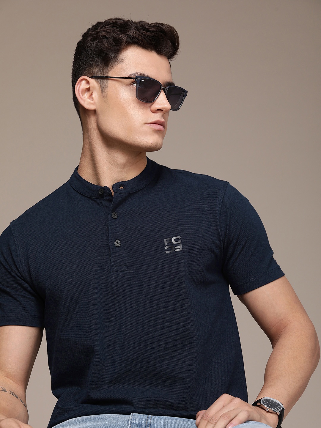 

French Connection Brand Logo Henley Neck Pure Cotton Applique T-shirt, Navy blue
