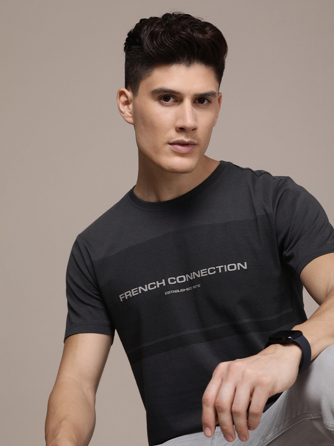 

French Connection Brand Logo Printed Pure Cotton T-shirt, Charcoal
