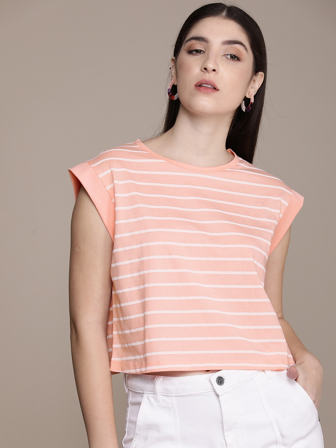 

French Connection Women Pink & White Striped Pure Cotton T-shirt