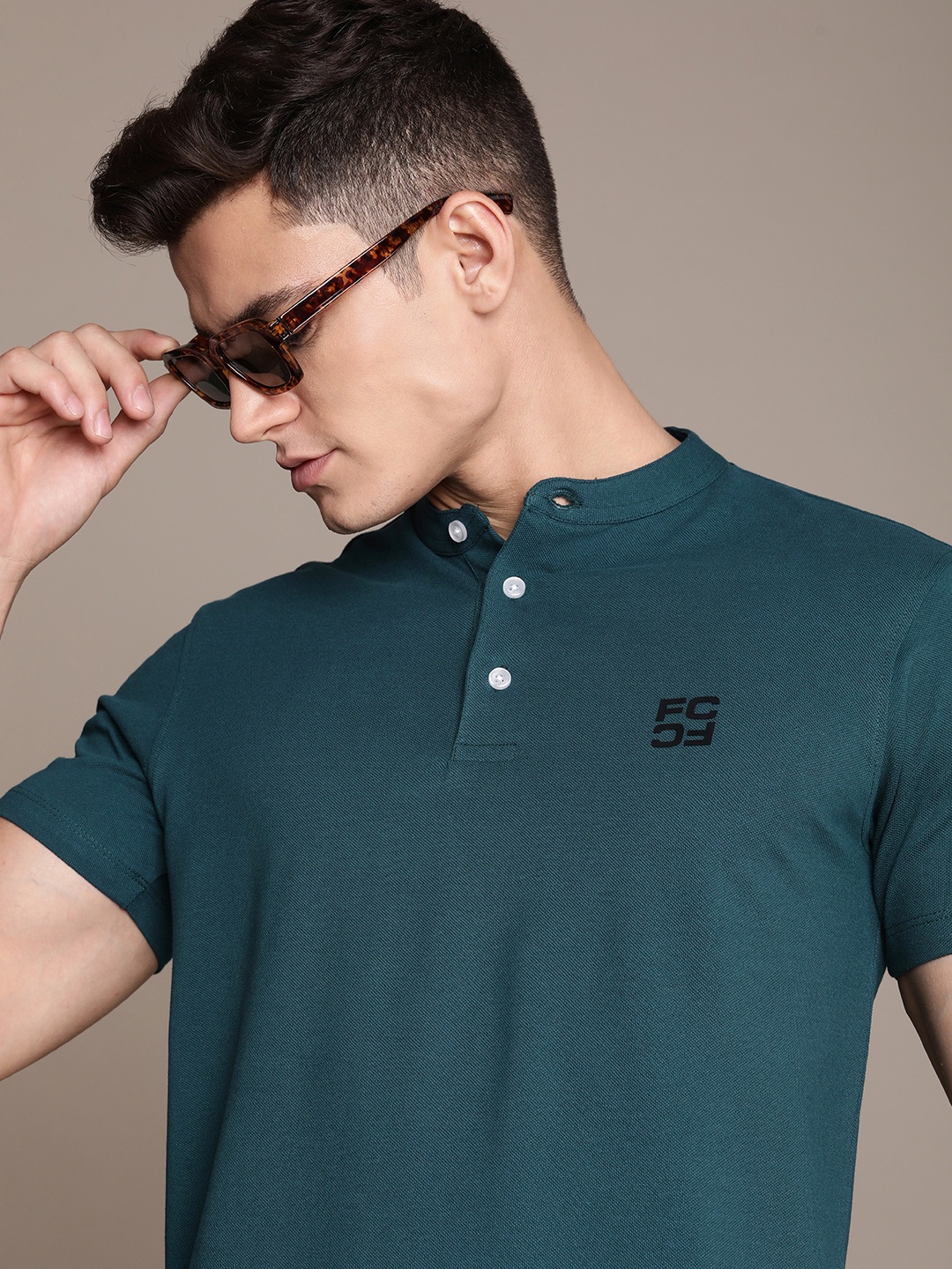 

French Connection Henley Neck Pure Cotton Applique T-shirt, Teal