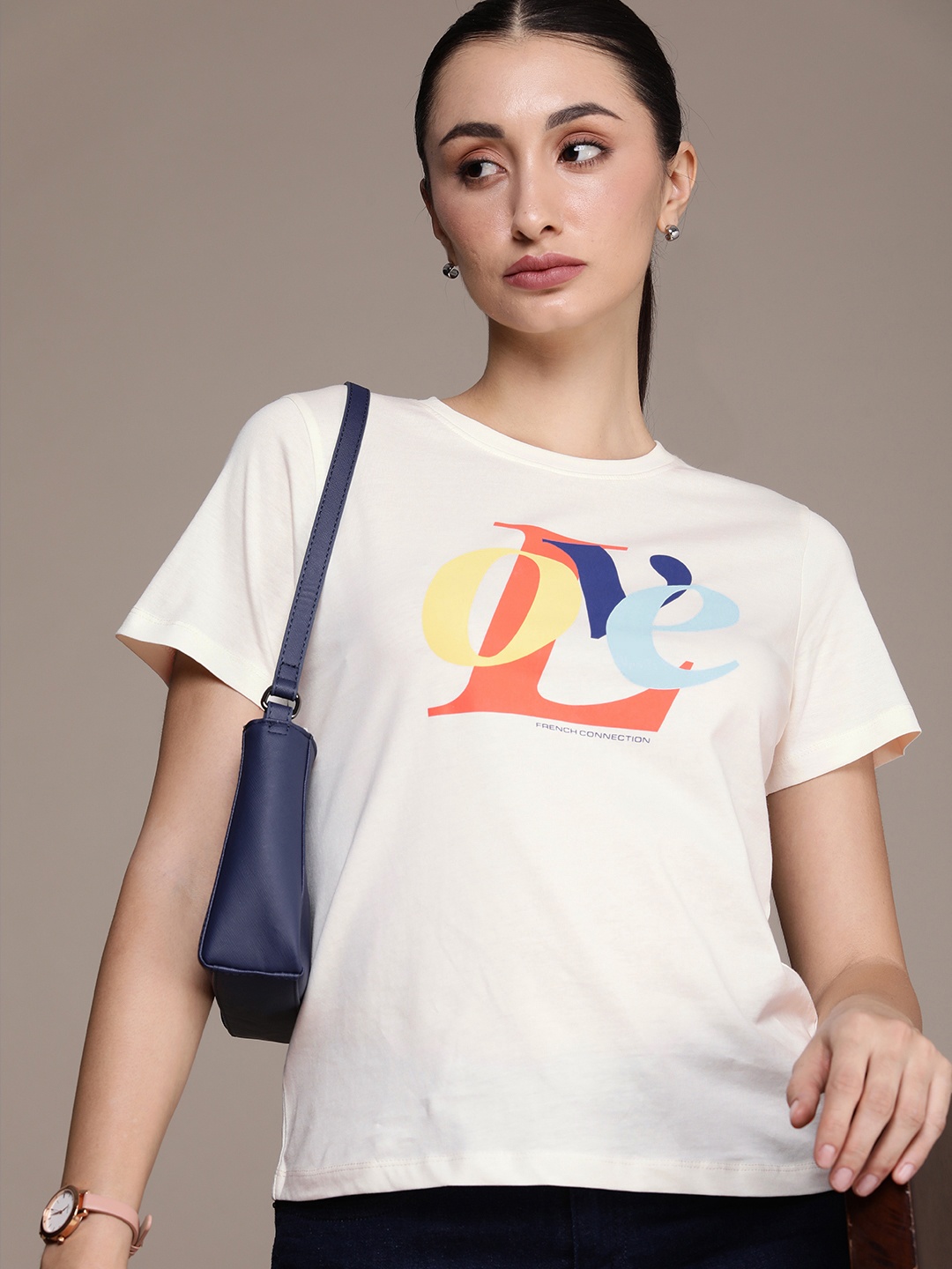 

French Connection Graphic Printed Pure Cotton T-shirt, White