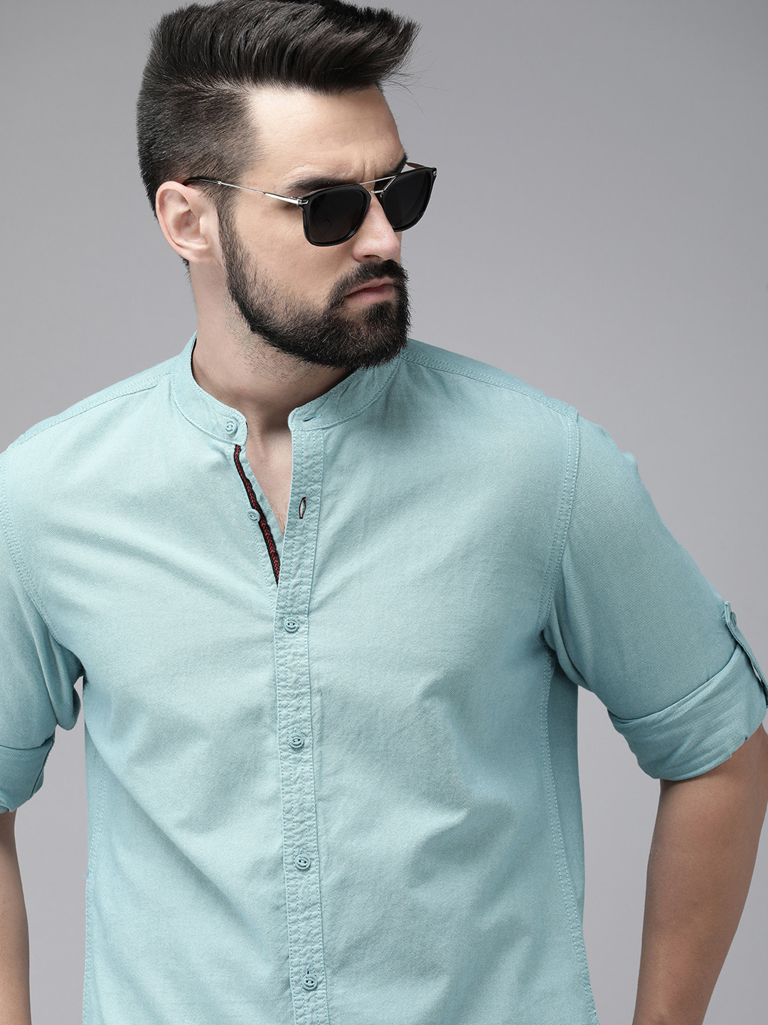 

The Roadster Lifestyle Co. Men Pure Cotton Solid Band Collar Casual Shirt, Blue