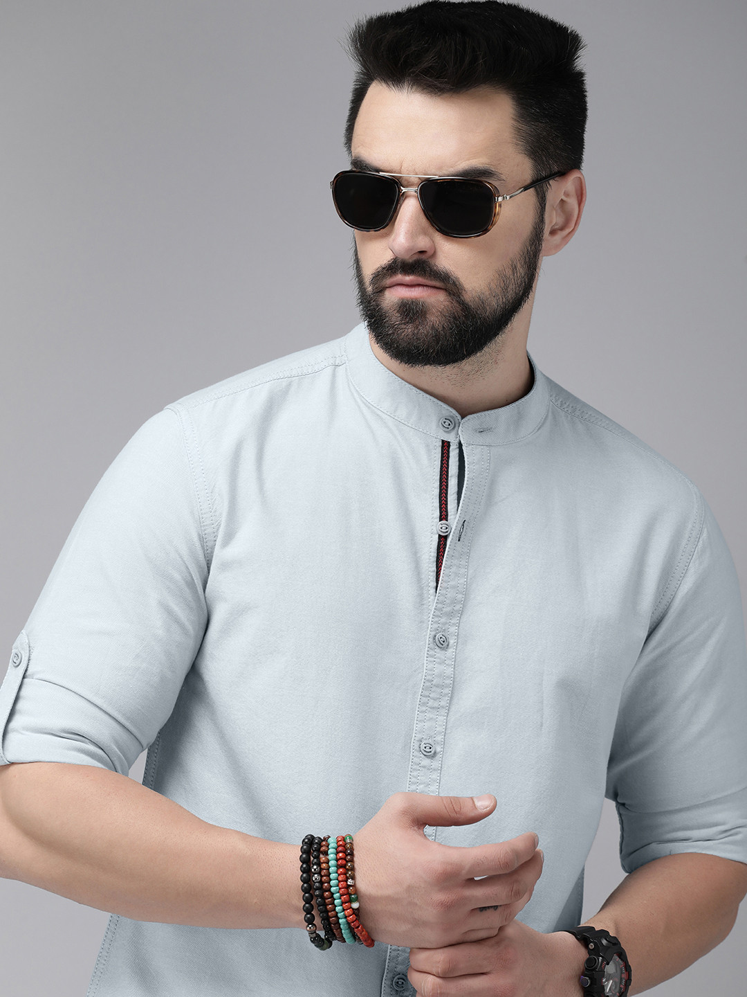 

The Roadster Lifestyle Co. Men Pure Cotton Solid Band Collar Casual Shirt, Blue