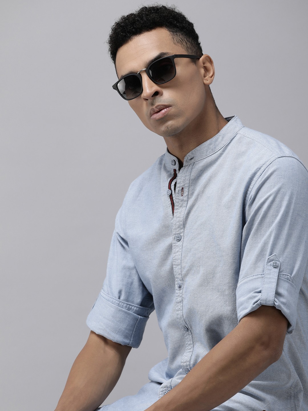 

The Roadster Life Co. Men Band Collar Pure Cotton Casual Shirt, Blue