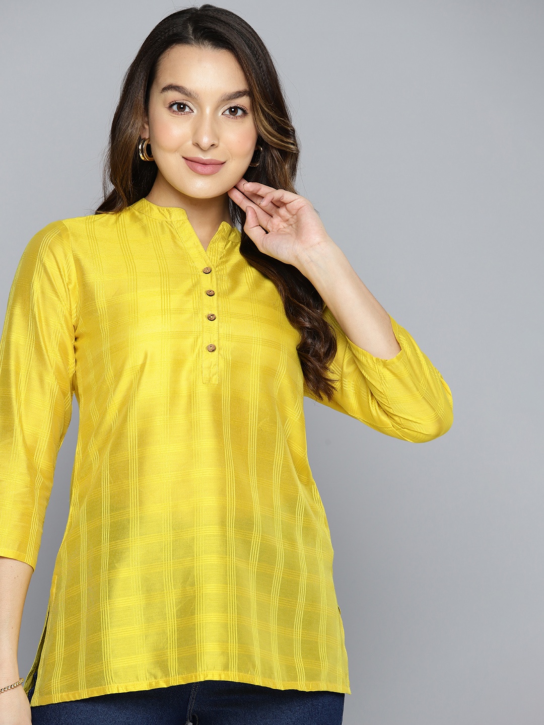 

HERE&NOW Woven Design Checked Kurti, Yellow