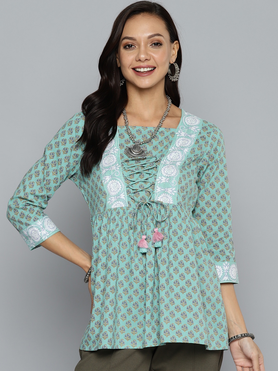 

HERE&NOW Ethnic Motifs Print Pure Cotton Lace-Up Detail Kurti, Green