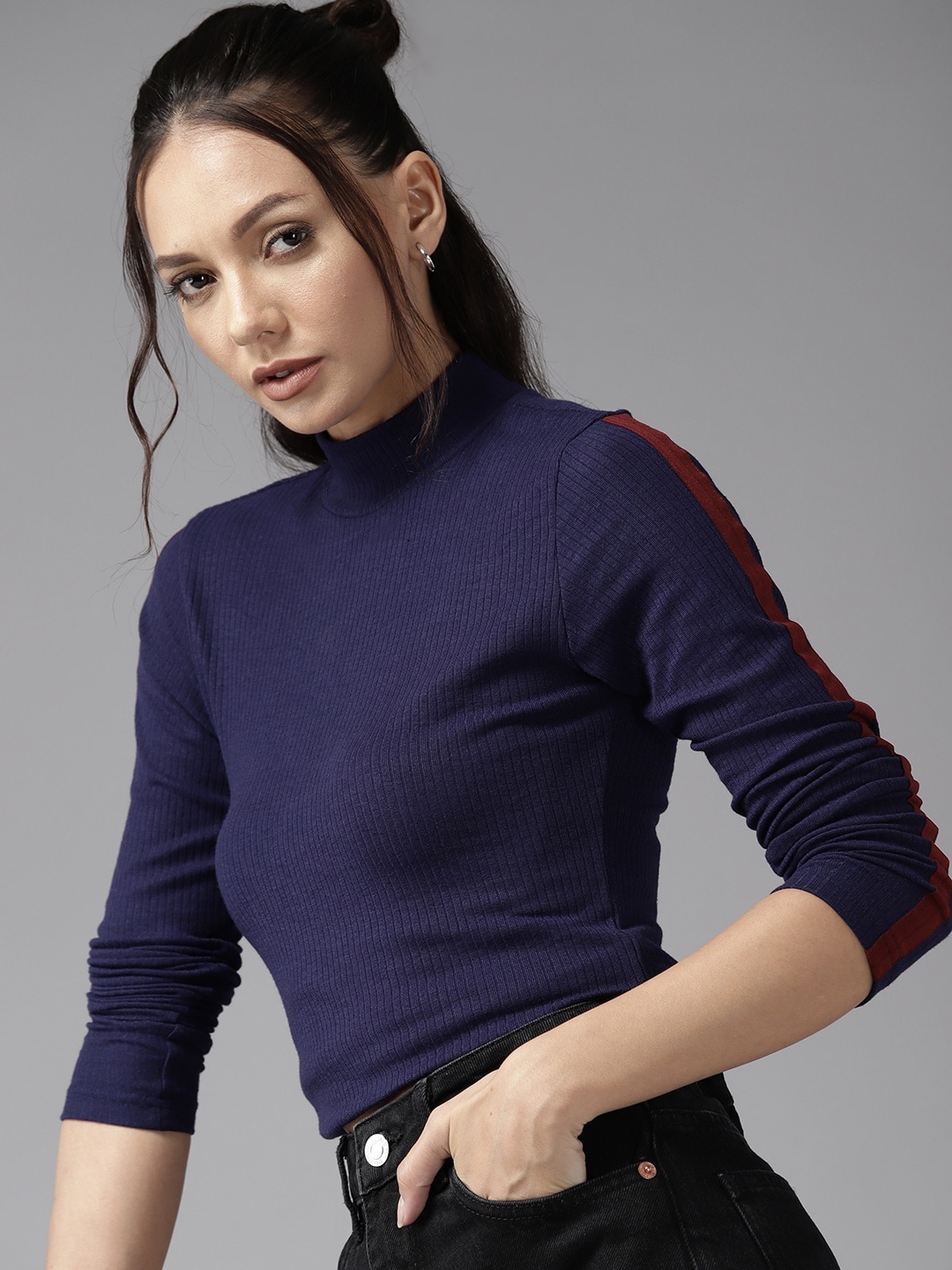 The Roadster Lifestyle Co. Ribbed Fitted High Neck Top, Navy blue