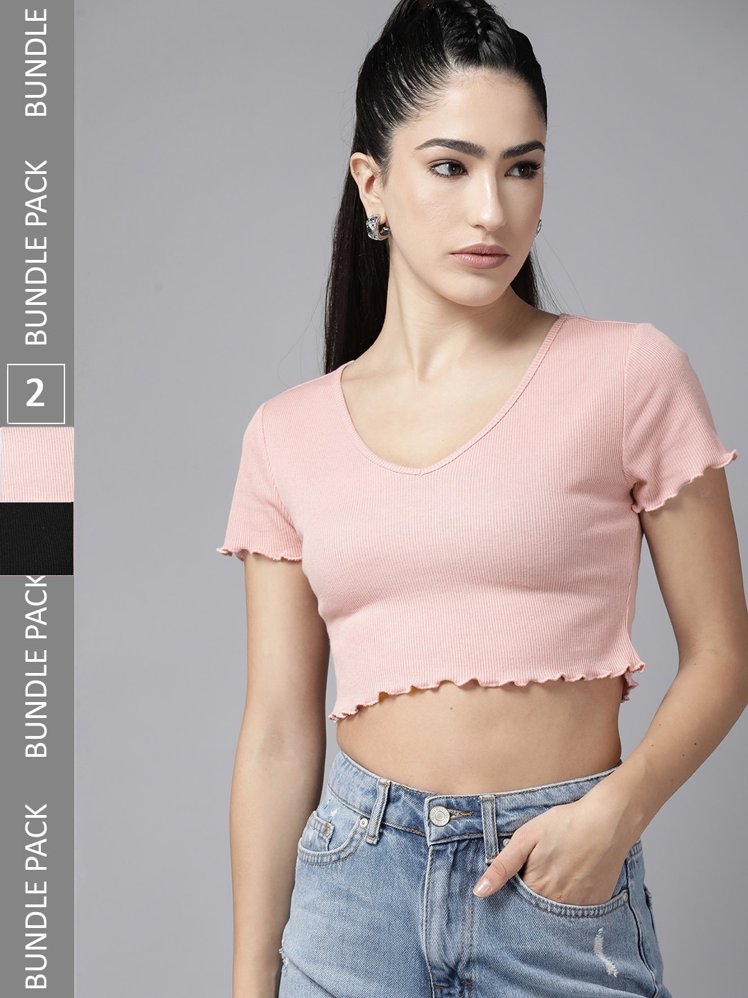 

The Roadster Lifestyle Co. Pack Of 2 V-Neck Fitted Crop Top, Pink