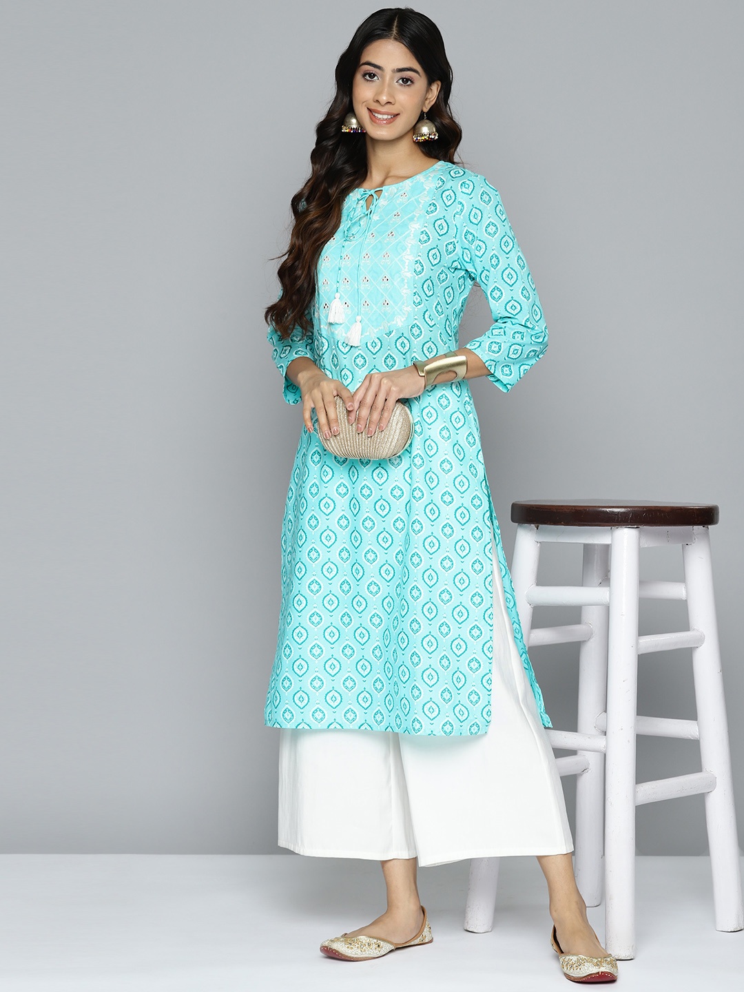 

HERE&NOW Pure Cotton Ethnic Motifs Printed Mirror Work Kurta, Blue