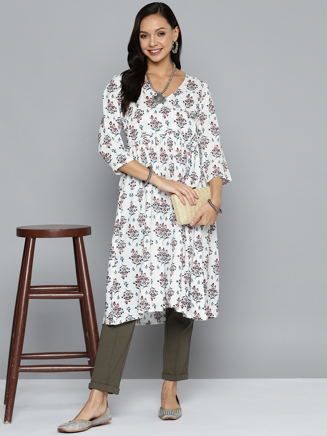 

HERE&NOW Floral Printed Angrakha Kurta, White