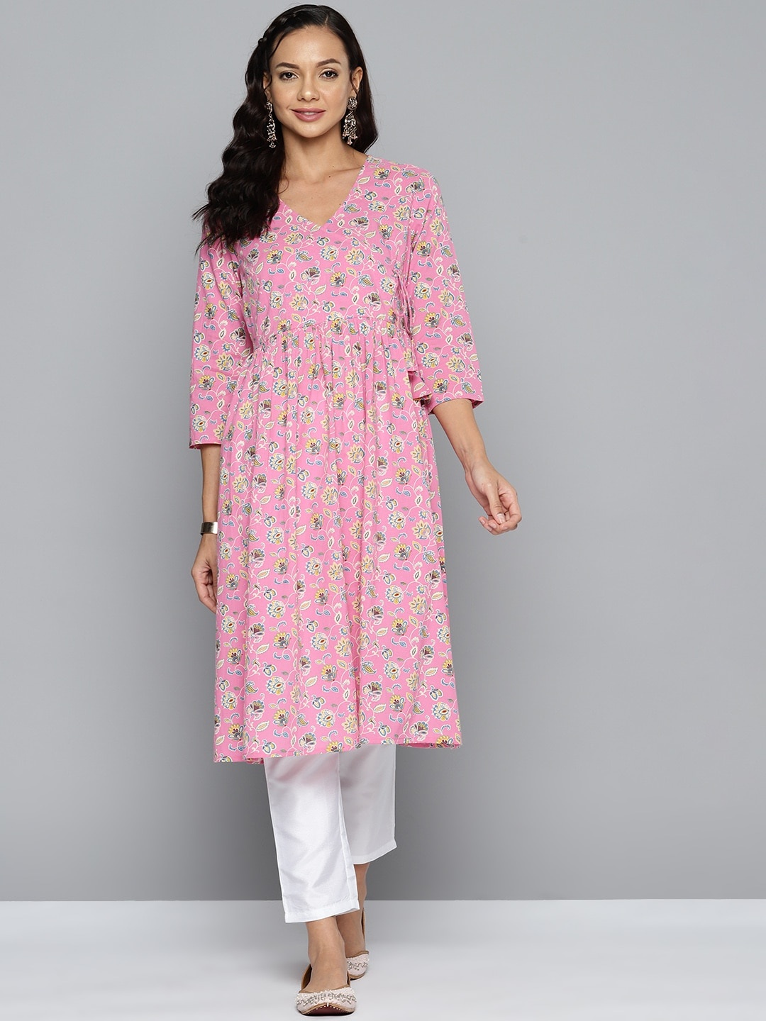 

HERE&NOW Cotton Floral Printed Floral Anarkali Kurta, Pink