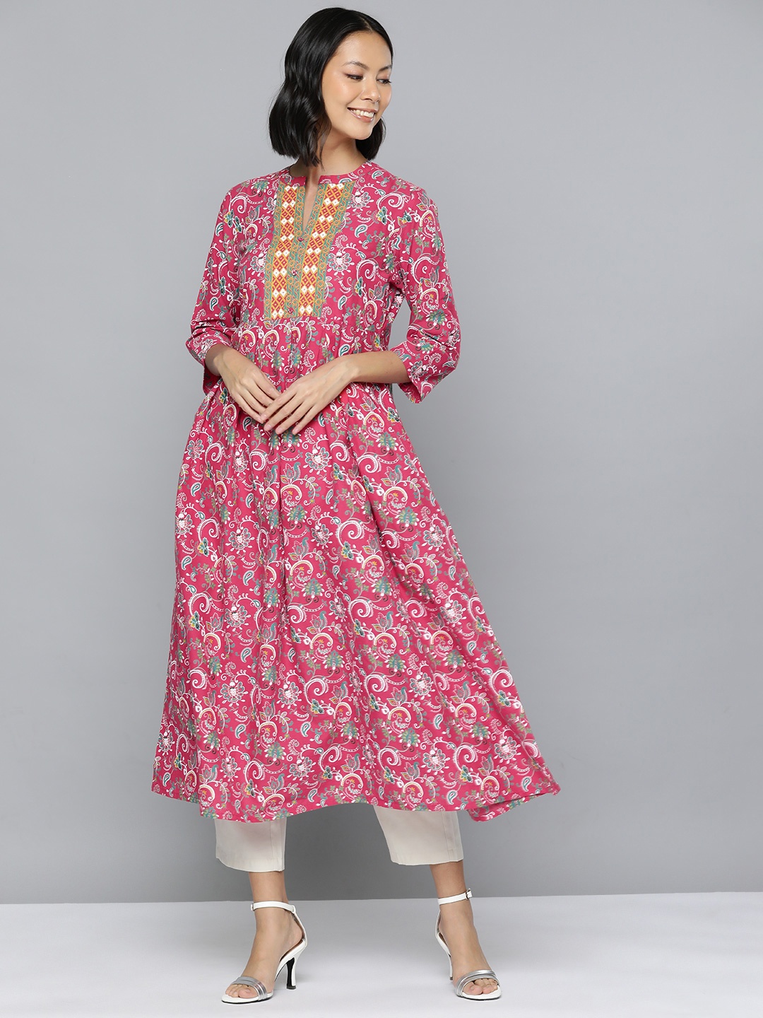 

HERE&NOW Women Ethnic Motifs Printed Pure Cotton Pleated A-Line Kurta, Pink