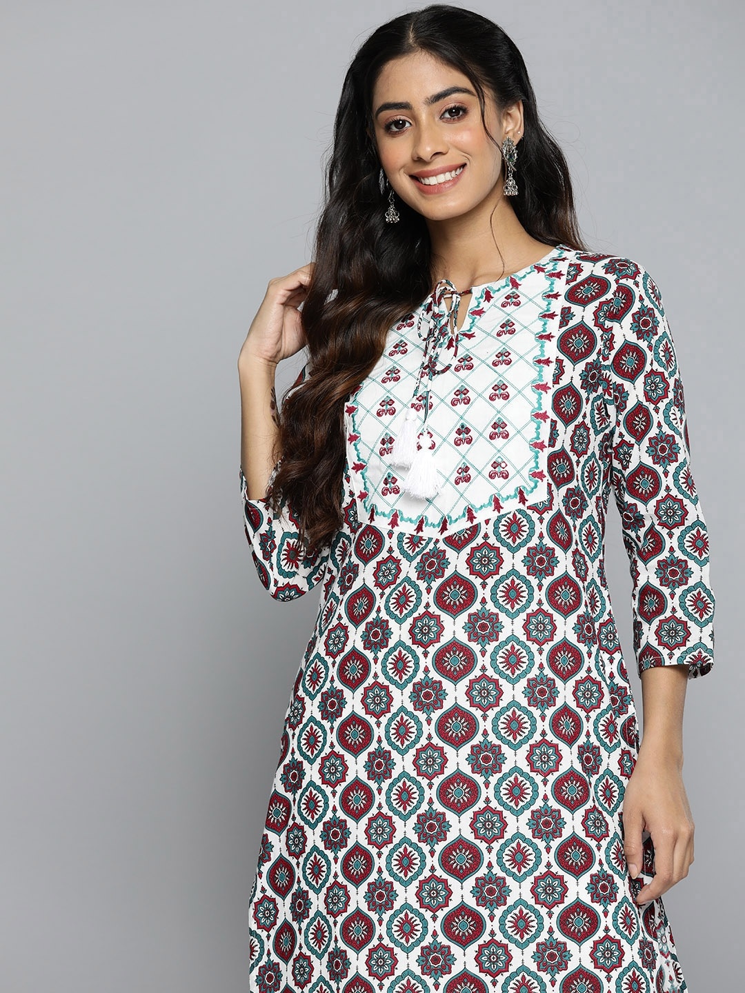 

HERE&NOW Pure Cotton Ethnic Motifs Printed Kurta, White