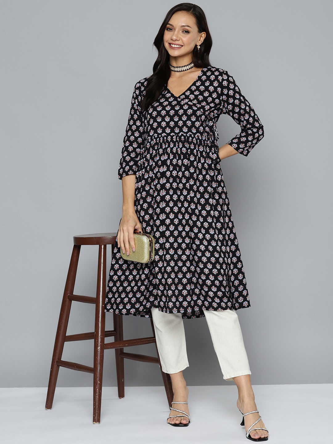 

HERE&NOW Ethnic Motifs Printed Angrakha Kurta, Black