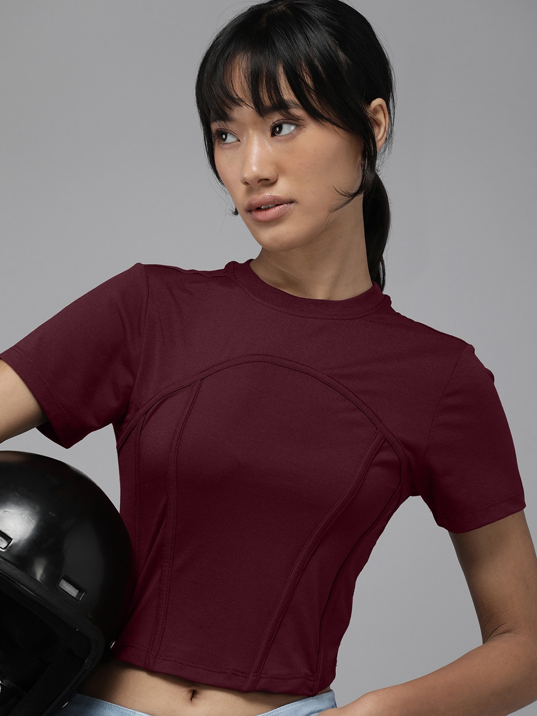 

The Roadster Lifestyle Co. Women Solid Corset Detail Crop T-shirt, Burgundy