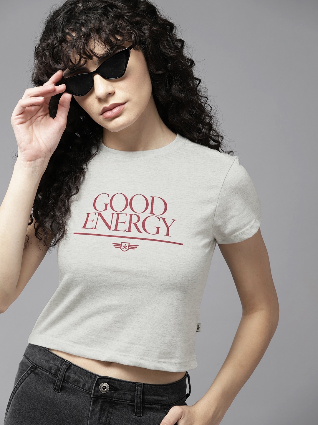 The Roadster Lifestyle Co. Typography Printed Slim Fit Crop T-shirt, Grey