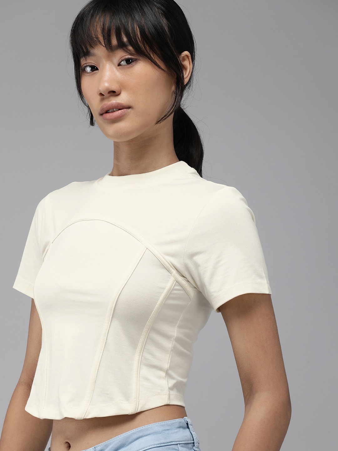 

The Roadster Lifestyle Co. Women Solid Corset Detail Crop T-shirt, Cream