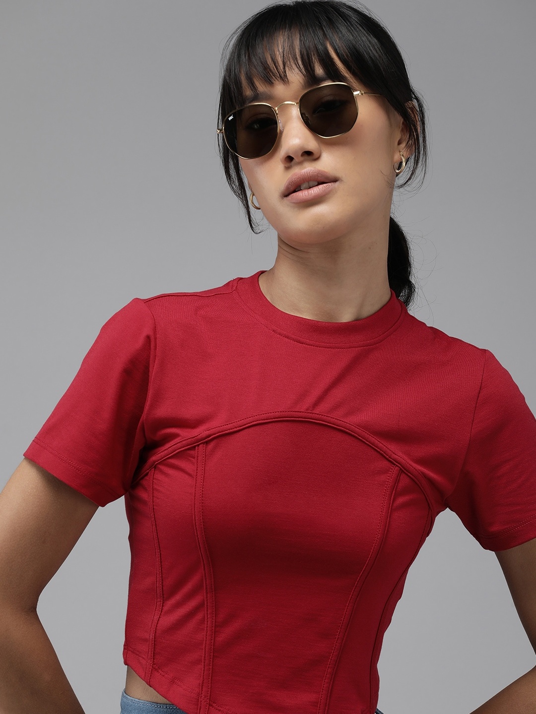 

The Roadster Lifestyle Co. Women Solid Corset Detail Crop T-shirt, Maroon