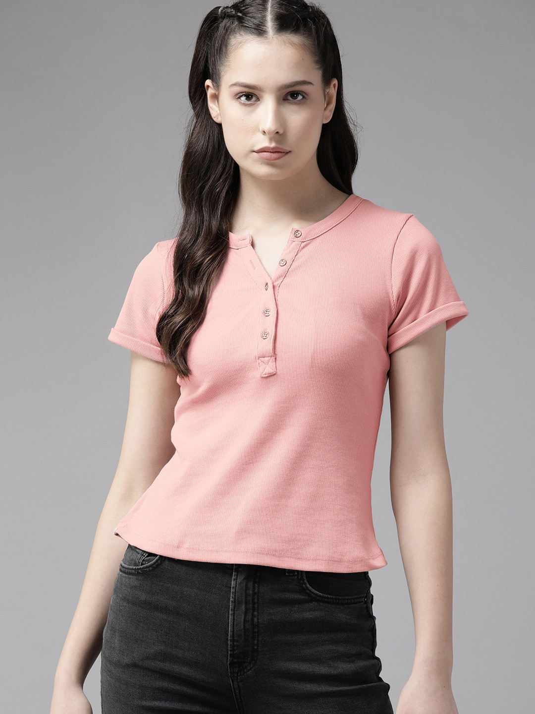 

The Roadster Lifestyle Co. Women Henley Neck T-shirt, Pink