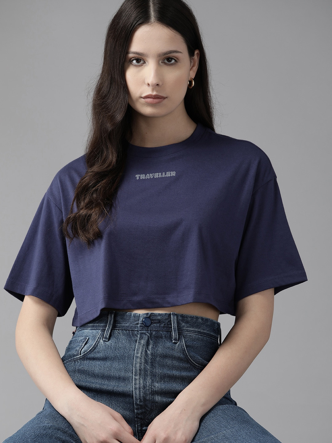 

The Roadster Lifestyle Co. Boxy Fit Crop T-shirt, Navy blue