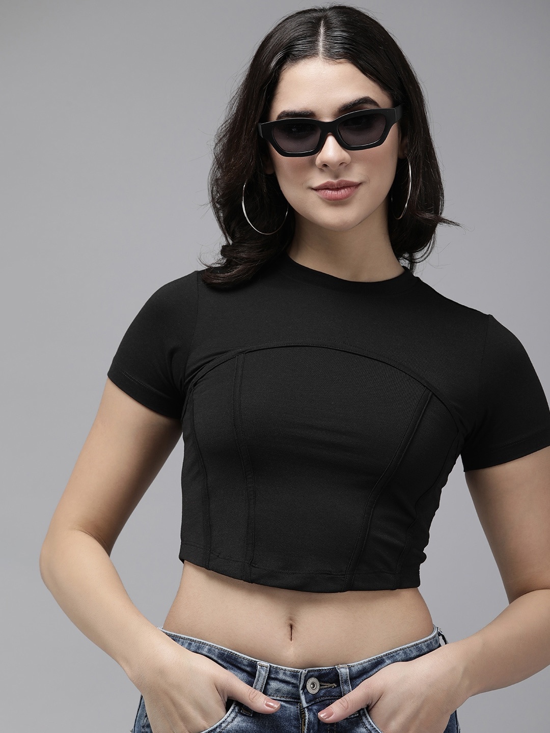 

Roadster Women T-shirt with Corset Detailing, Black