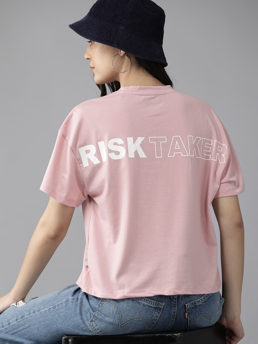

Roadster Women Boxy Fit Printed Back Drop-Shoulder Sleeves T-shirt, Pink