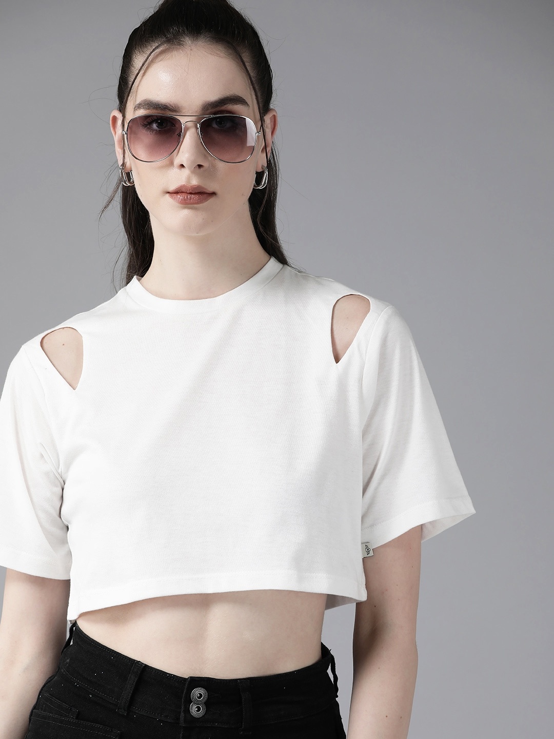 

The Roadster Lifestyle Co. Drop-Shoulder Sleeves Cut Outs T-shirt, White