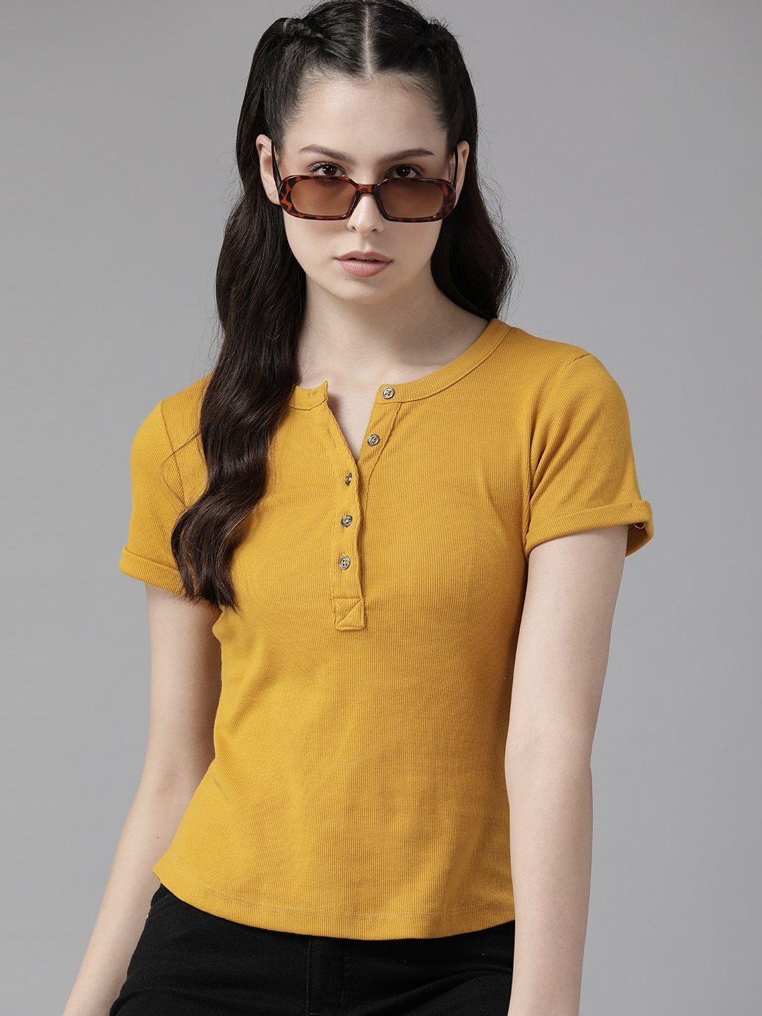 

The Roadster Lifestyle Co. Women Henley Neck T-shirt, Mustard