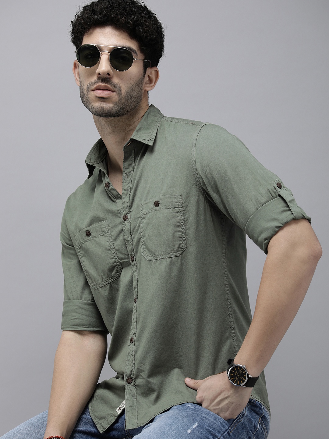 

The Roadster Life Co. Pure Cotton Roll-Up Sleeves Casual Shirt, Green