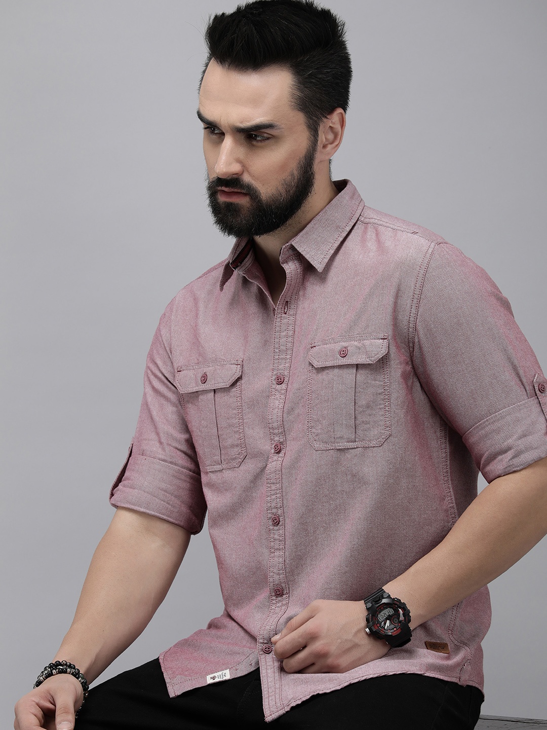 

The Roadster Lifestyle Co. Men Pure Cotton Solid Roll-Up Sleeves Casual Shirt, Mauve