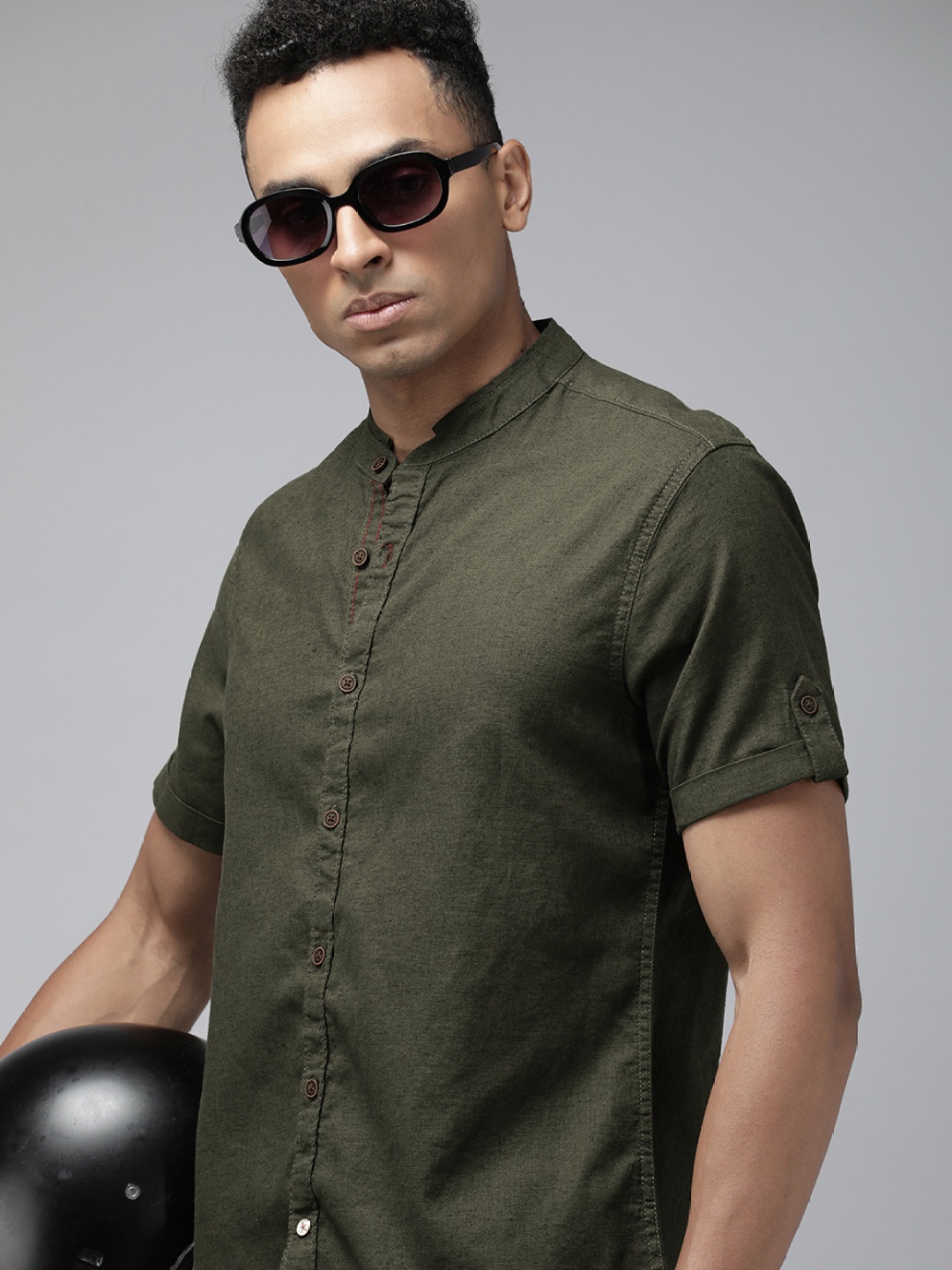 

The Roadster Life Co. Solid Mandarin-Collar Cotton Linen Casual Shirt, Olive