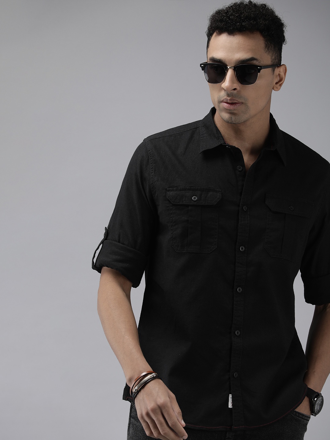 

The Roadster Life Co. Linen Cotton Roll-Up Sleeves Casual Shirt, Black
