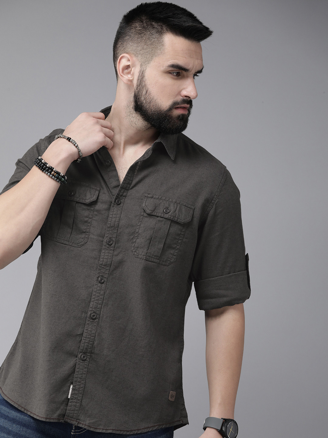 

The Roadster Life Co. Linen-Cotton Casual Shirt, Charcoal
