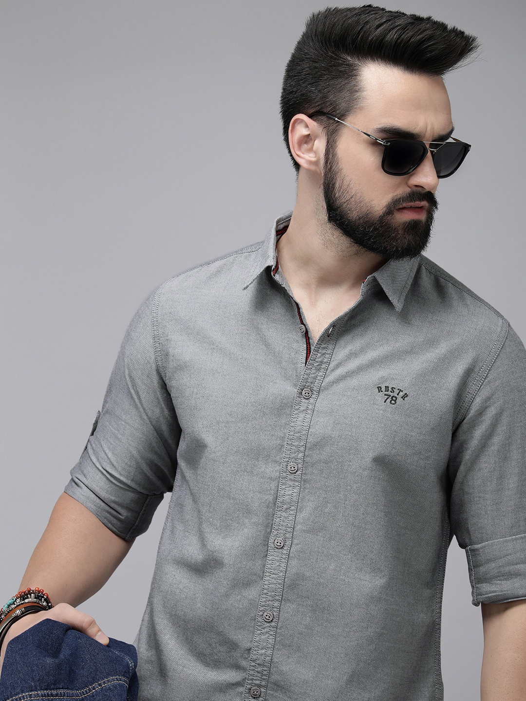 

The Roadster Life Co. Pure Cotton Spread Collar Casual Shirt, Grey